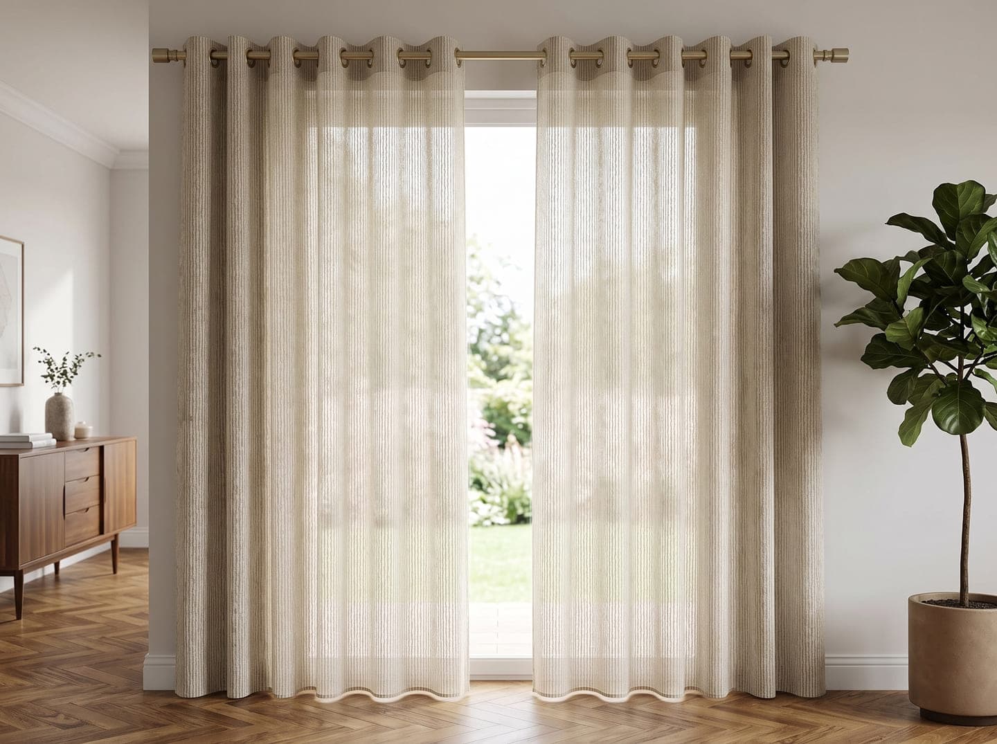 Vintage Wave Stripe curtains hanging in a room