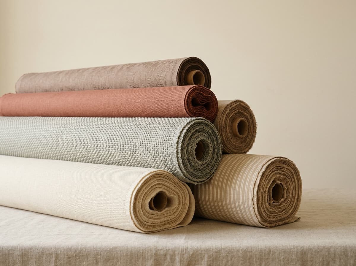 Five rolls of woven fabric in the ANHER palette