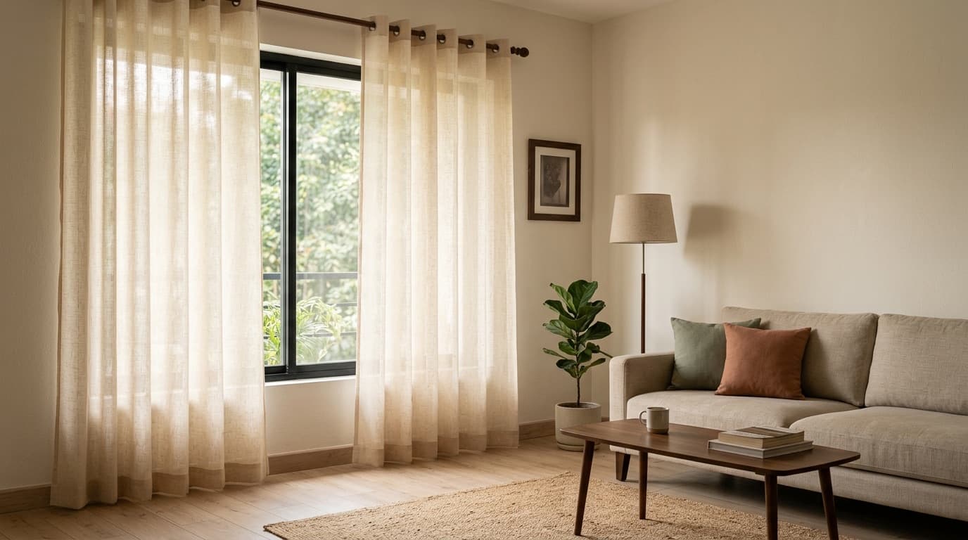Warm ivory curtains beside a linen sofa in a real-home living room