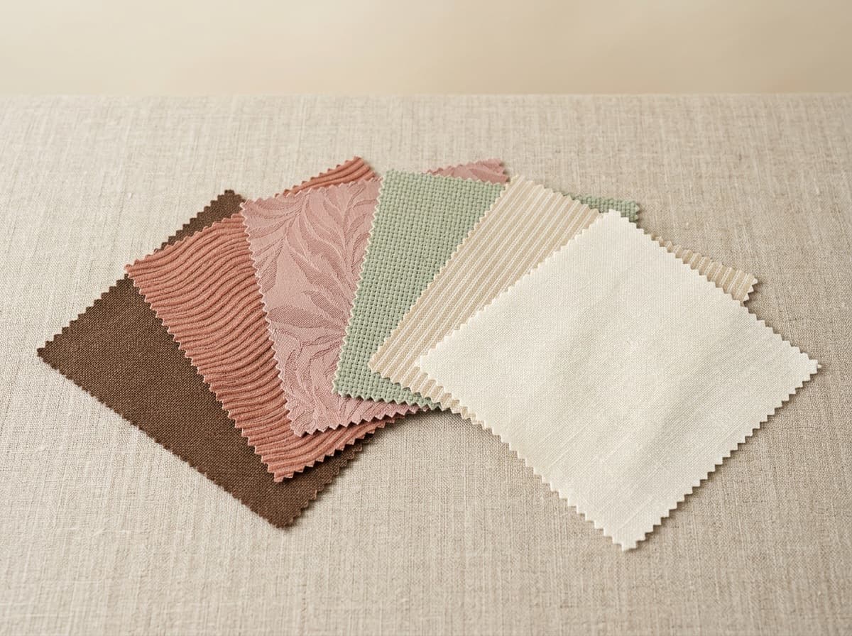 Six woven curtain fabric swatches fanned on natural linen