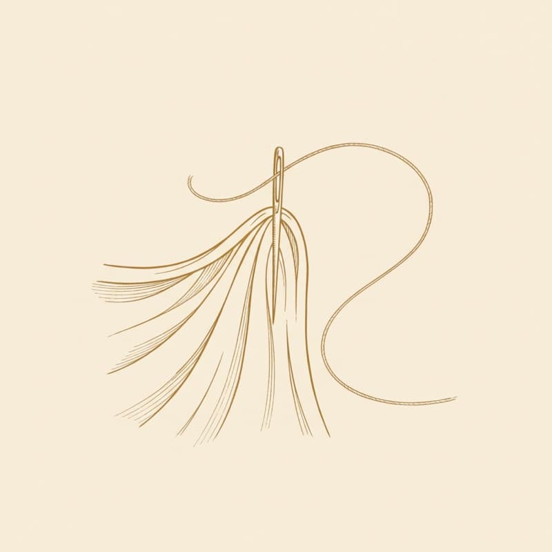 Etching of a needle pulling thread through the folded hem of draped cloth
